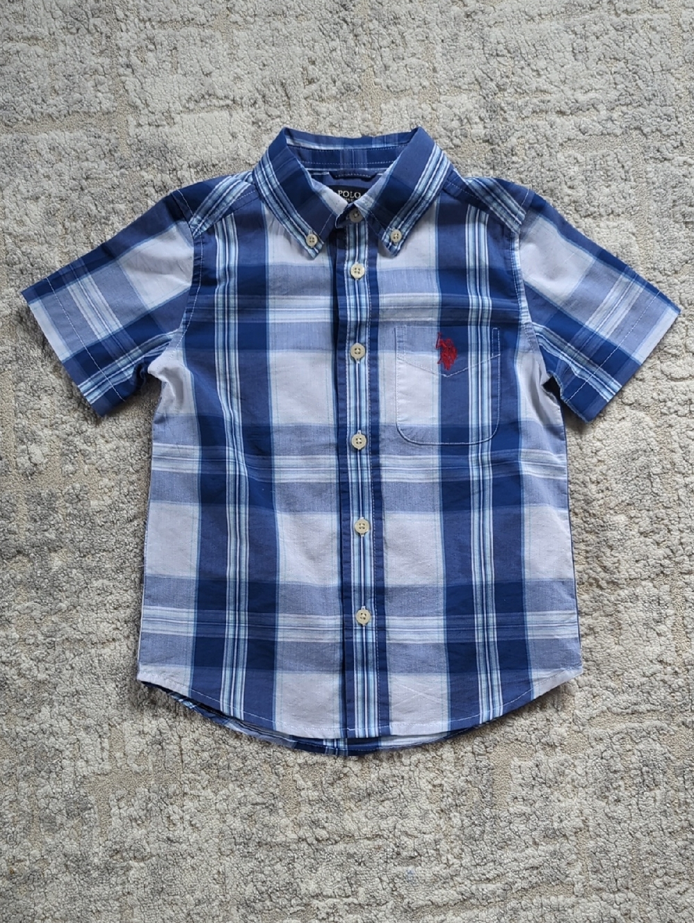 US Polo Association Blue & White Plaid Short Sleeve Button-Down Shirt Size XS
